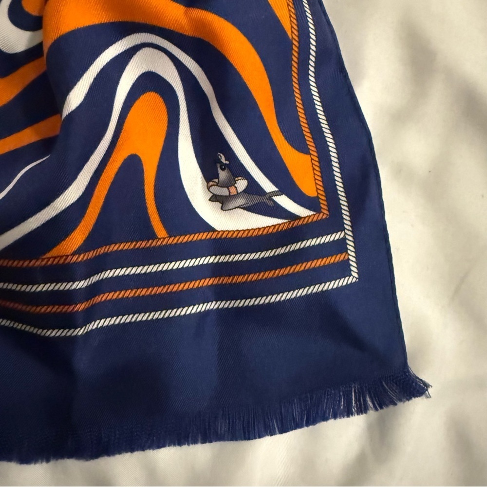 NWOT Vakko 100% Silk Abstract Swirl Print Scarf in Blue, Orange, and White - Picture 2 of 8